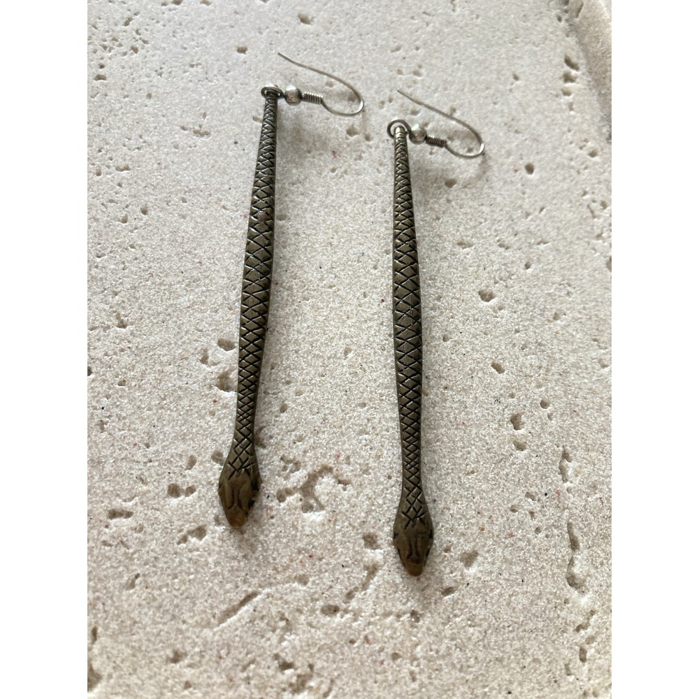 Long Snake Dangle Earrings‎ Antiqued Brass Tone Serpent Reptile Egyptian Revival
